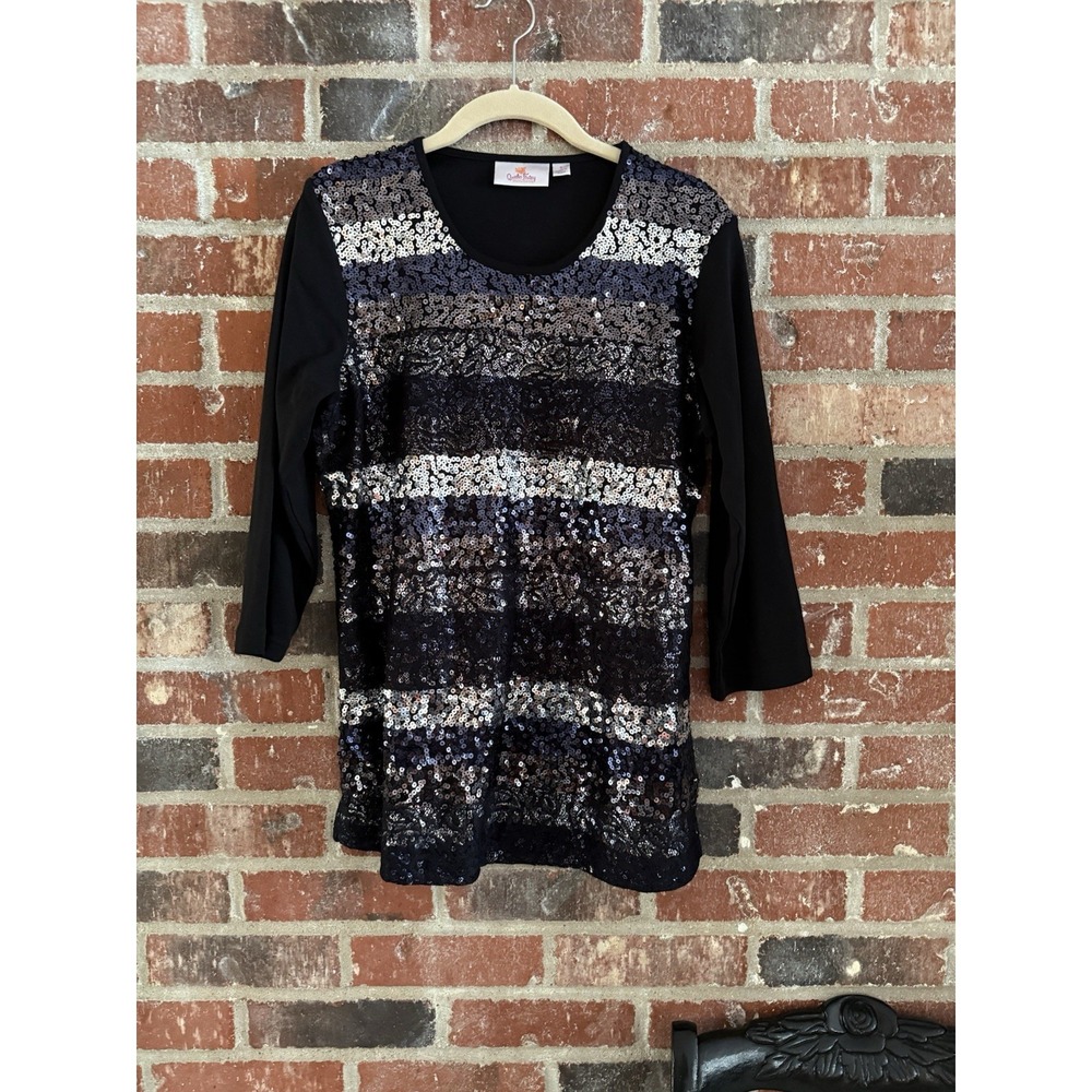 Quacker Factory Black Knit Top Pullover Full Front Sequin Party Size Small